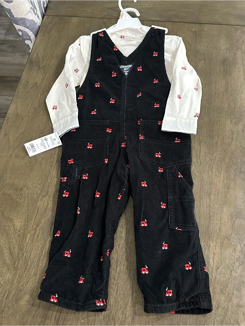NWT OshKosh B'gosh Black Corduroy Overalls with Red Car Embroidery